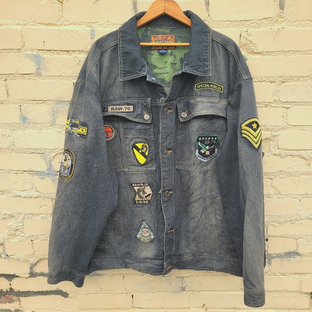 Rare Vintage 90's Raw Blue Black Denim Coat Size 2X Hip Hop Urban Streetwear